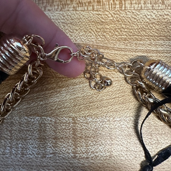 Statement Necklace & Earring Set Gold Black Faux Leather Crystal Gothic Glam - Picture 4 of 6